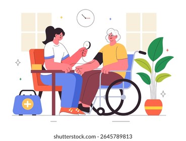 Elderly Care Services Vector Illustration Featuring Life with a Caregiver, Nursing Home, Assisted Living, and Support in a Flat Style Background