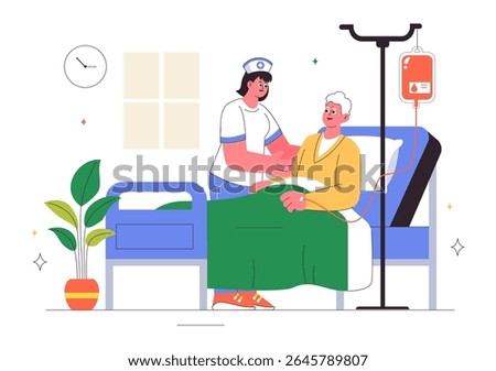 Elderly Care Services Vector Illustration Featuring Life with a Caregiver, Nursing Home, Assisted Living, and Support in a Flat Style Background