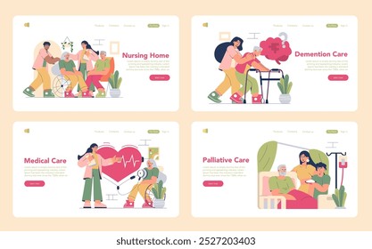 Elderly Care set. Assistance for seniors in various healthcare settings. Caregivers with aged patients, promoting wellbeing and comfort. Vector illustration.