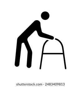 Elderly care set icon. Senior person with walker, mobility aid, aging support, senior assistance, geriatric care, physical aid, elderly independence.