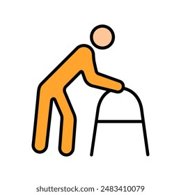 Elderly care set icon. Senior person with walker, mobility aid, aging support, senior assistance, geriatric care, physical aid, elderly independence.