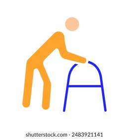 Elderly care set icon. Senior person with walker, mobility aid, aging support, senior assistance, geriatric care, physical aid, elderly independence.