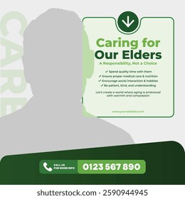 Elderly care social media post with a warm green theme. Perfect for nursing homes, home care, and senior wellness services. Highlights companionship and medical support.