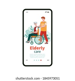 Elderly care and support application onboarding page with volunteer helping, flat cartoon vector illustration isolated. Screen design for elderly persons support.