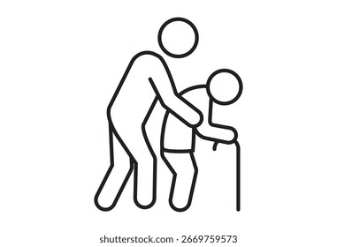 Symbol für die Unterstützung älterer Menschen, einfache Liniendarstellung des Betreuers, der Senioren bei der Pflege hilft, Symbol für Gesundheits-, Pflege- und Wohlfahrtsdienste, minimalistisches Strichdesign für den universellen Gebrauch
