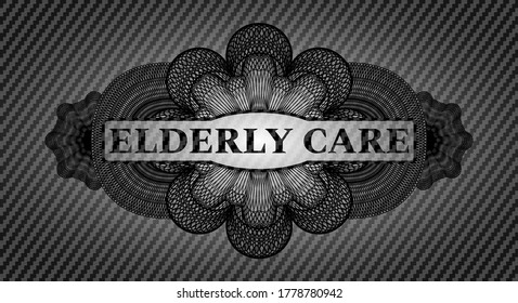 Elderly care text inside Guilloche carbon fiber dark emblem. Polymer texture classic background. Artistic illustration. 