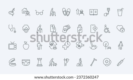Elderly care thin line icons set vector illustration. Outline old age and gerontology symbols, senior mans and womans leisure, assistance services and help for elder people in hospital or home