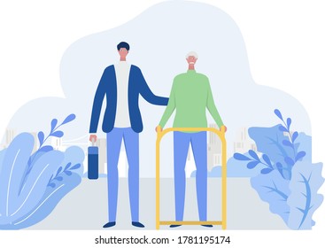 Elderly care vector concept: young man helping an elderly walking with a  walker