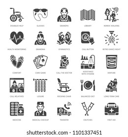 Elderly care vector flat glyph icons. Nursing home elements old people activity, wheelchair, health check, hospital call button, grandfather, grandmather, doctor. Solid silhouette pixel perfect 64x64.