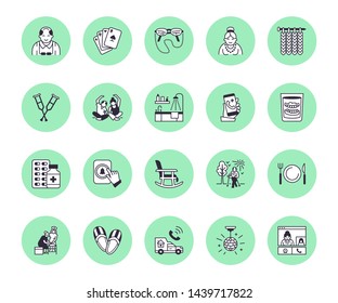 Elderly Care Vector Flat Line Icons. Nursing Home - Old People Activity, Wheelchair, Health Check, Hospital Call Button, Grandfather, Grandmather, Doctor, Senior Assisted Living.