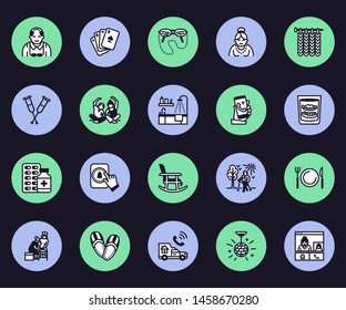 Elderly care vector flat line icons. Nursing home - old people activity, wheelchair, health check, hospital call button, grandfather, grandmather, doctor, senior assisted living.