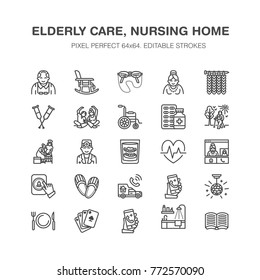 Elderly care vector flat line icons. Nursing home elements - old people activity, wheelchair, health check, hospital call button, grandfather, grandmather, doctor. Pixel perfect 64x64.