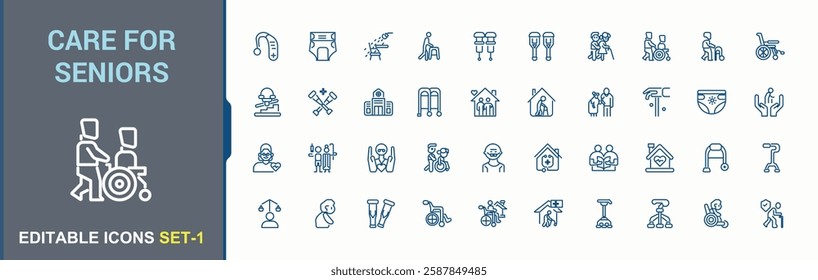 Elderly Care vector icon set. Contains related to woman, care, home, family, retirement, doctor, graphic, service. Icon design. Editable stroke. Vector illustration.