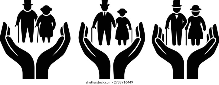 Conjunto de iconos de Vector de cuidado de ancianos, pareja mayor en manos para la Asistencia de seguros y jubilación. eps 10 Ilustración vectorial de fondo blanco
