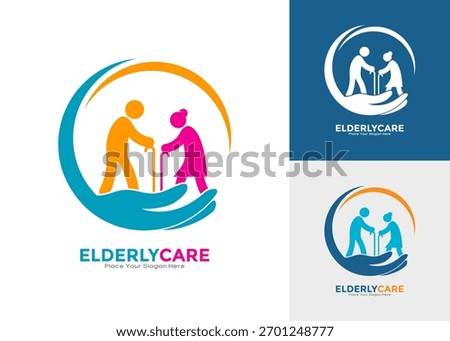 Elderly care vector logo design. Couple icon held by a supportive hand, symbolizing professional assistance, health protection, and dedicated support for senior citizens.