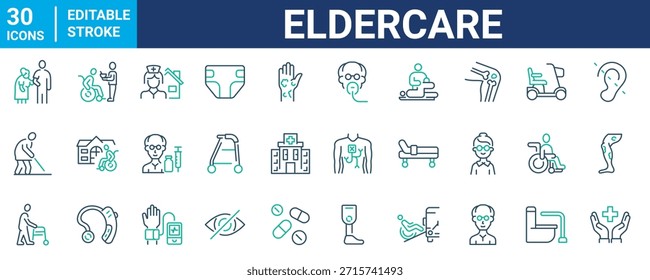 Conjunto de iconos de Web de cuidado de ancianos. hogar de ancianos, vida asistida, enfermera en el hogar. Ancianos