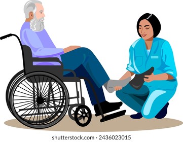 Elderly care worker carefully puts on patient's shoes  Elderly man sits in wheelchair  Care worker holds patient's shoes Vector