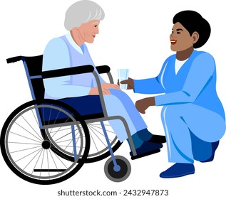 Elderly care worker giving glass of water to old woman patient Vector