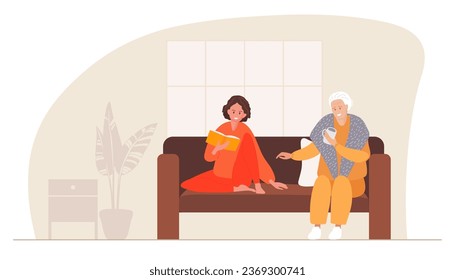 Elderly care. Young woman reading book to elderly woman. Women sitting on sofa in domestic interior. Different generations Leisure activity, repose and relaxation. Flat cartoon vector illustration