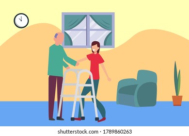 Elderly Caregiver vector concept: Young woman holding the old man's hand and helping him walking with the walker tool