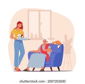 Elderly Caregiving Concept. Young Female Character Bringing Medicine to Old Woman. Help to Seniors during Pandemic Isolation, Support, Help and Assistance to Aged People. Cartoon Vector Illustration