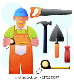 Elderly carpenter wearing bib, protect eyeglasses and helmet  holding measuring tape standing with equipment to work professionally in cartoon character, vector illustration