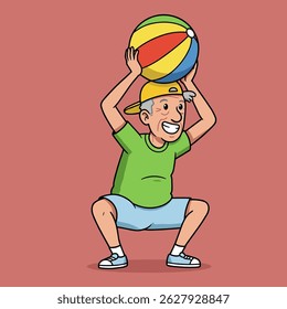 Elderly Cartoon Character Squatting with Beach Ball on Red Background