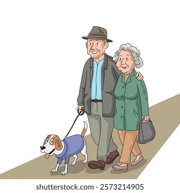 Elderly cartoon couple walking a dog, isolate on white, flat style