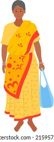 Elderly cartoon style Indian woman in traditional clothes holds bag in hand isolated on white background. Female character dressed in costume sari stands at full height. Fashion lady, asian person