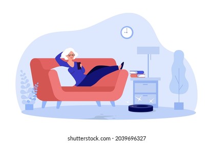 Elderly cartoon woman controlling robot vacuum cleaner via phone. Old lady lying on sofa flat vector illustration. Technology, lifestyle, housework concept for banner, website design or landing page