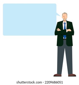 Elderly Caucasian Male Businessman With Comment Balloon, Speech Bubble And Arms Crossed. Eight Heads High