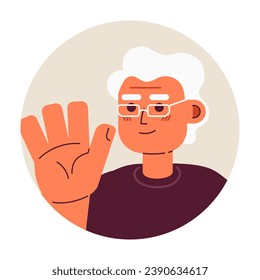 Elderly caucasian man waving hand greeting 2D vector avatar illustration. Handwave old man european cartoon character face. Welcome gesture grandfather flat color user profile image isolated on white