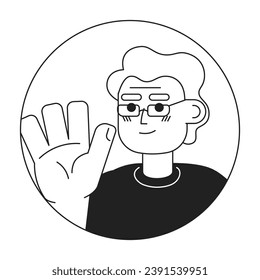 Elderly caucasian man waving hand greeting black and white 2D vector avatar illustration. Handwave old man european outline cartoon character face isolated. Welcome gesture grandfather flat portrait