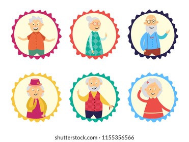 Elderly caucasian women, men in circle frames thinking portraits icon set. Vector senior male characters scretching head, spreading hands, female characters coming up with idea, holding hands on weist