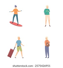 Elderly character icons set cartoon vector. Old people active healthy lifestyle. Hobby, pastime