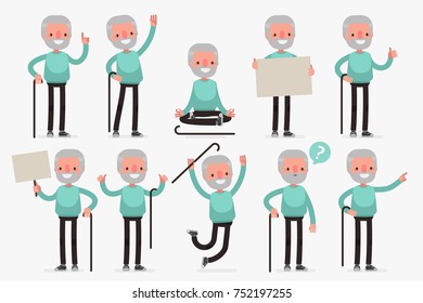 Elderly character set: Vector illustration of senior man in casual cloth.