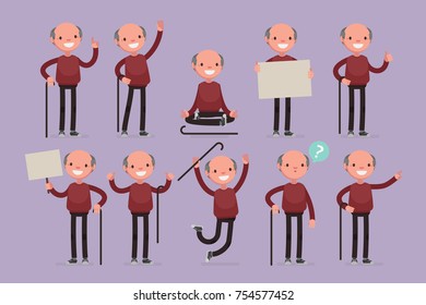 Elderly character set: Vector illustration of senior man in casual cloth.