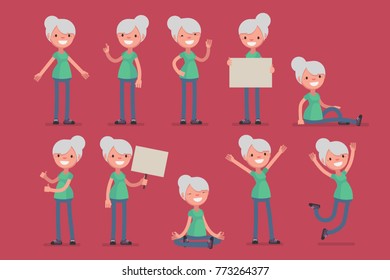 Elderly character set: Vector illustration of healthy senior woman in sport cloths.