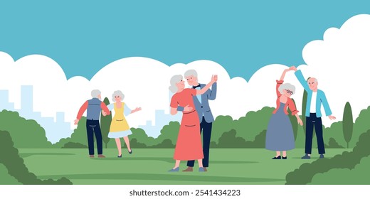 Elderly characters dancing in city park. Dance workshop for old people. Men dances with women, outdoor entertainment and recreation, vector scene