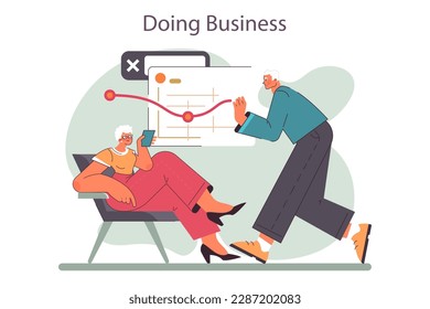 Elderly characters doing business. Senior employees pursuing their career and professional development. Remote work or freelance for retired people. Flat vector illustration