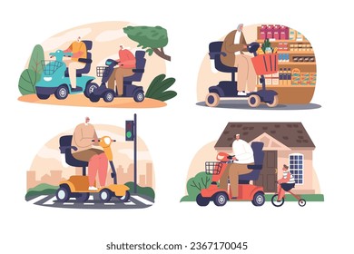 Elderly Characters Enjoy Freedom And Mobility On Wheelchair Scooters, Embracing Life Adventures With A Smile
