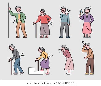 Elderly characters express various pain symptoms. flat design style minimal vector illustration.