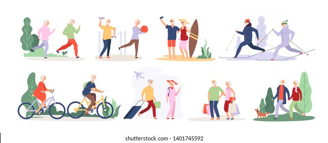 Elderly Characters. Grandfather Grandmother Couple Sport Tourist Tandem Cute Old Granny Elderly People Outdoor Vector Isolated Set