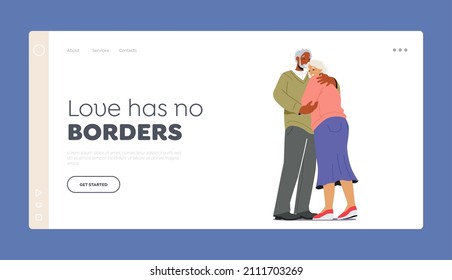 Elderly Characters Love Landing Page Template. Aged Couple Man and Woman Hug, Embrace. Happy Aged People Relationship, Old Characters Dating, Romantic Loving Feelings. Cartoon Vector Illustration