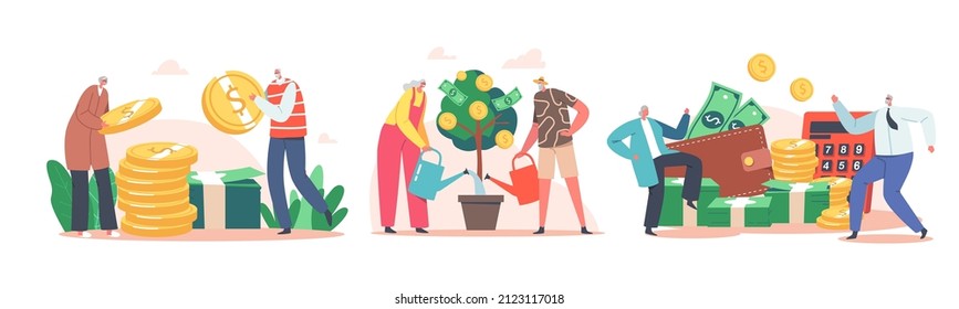 Elderly Characters Money Savings, Aged People Grow Money Tree, Collect Coins and Banknotes. Pension, Banking Account. Financial Security, Seniors Planning Budget. Cartoon People Vector Illustration