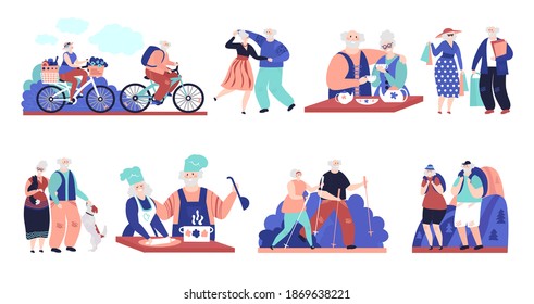 Elderly Characters. Old People Activities, Cartoon Seniors Camping Hiking. Grandparents Lifestyle, Family Drink Tea, Ride Bicycle Vector Set