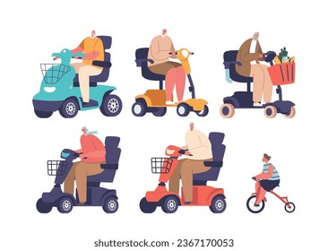 Elderly Characters On Mobility Scooters, Old People Embracing Independence And Mobility Vector Illustration