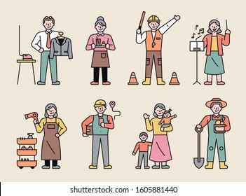 Elderly characters with various jobs. flat design style minimal vector illustration.