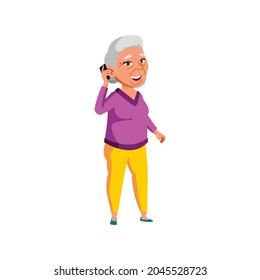 elderly chinese lady speaking with son on cellphone cartoon vector. elderly chinese lady speaking with son on cellphone character. isolated flat cartoon illustration