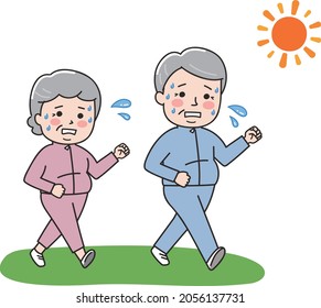 The elderly chubby couple diet to lose weight by walking with much sweat. Vector illustration on a white background.